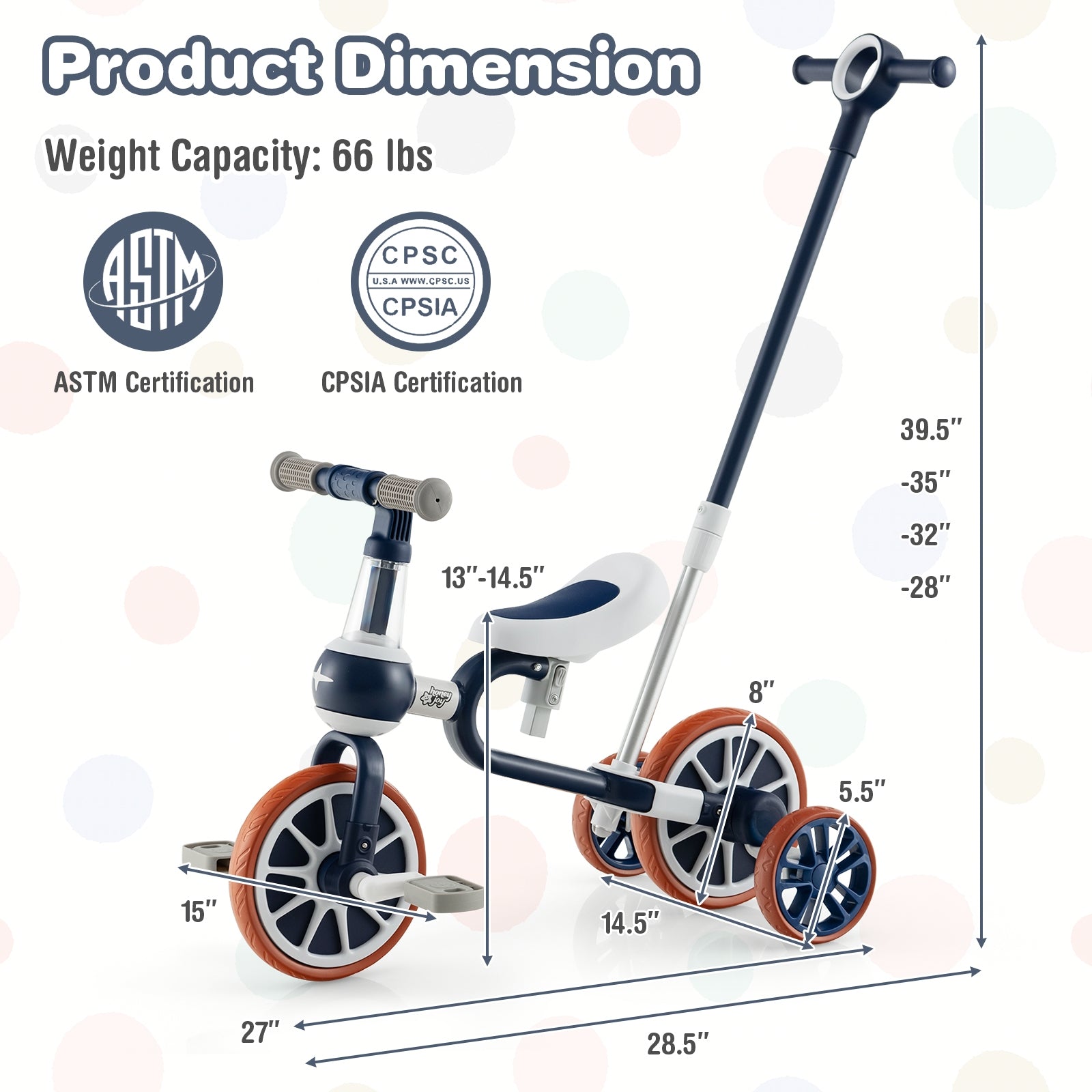 4-in-1 Kids Trike Bike, Adjustable Push Handle, Navy Kids Bike at Gallery Canada