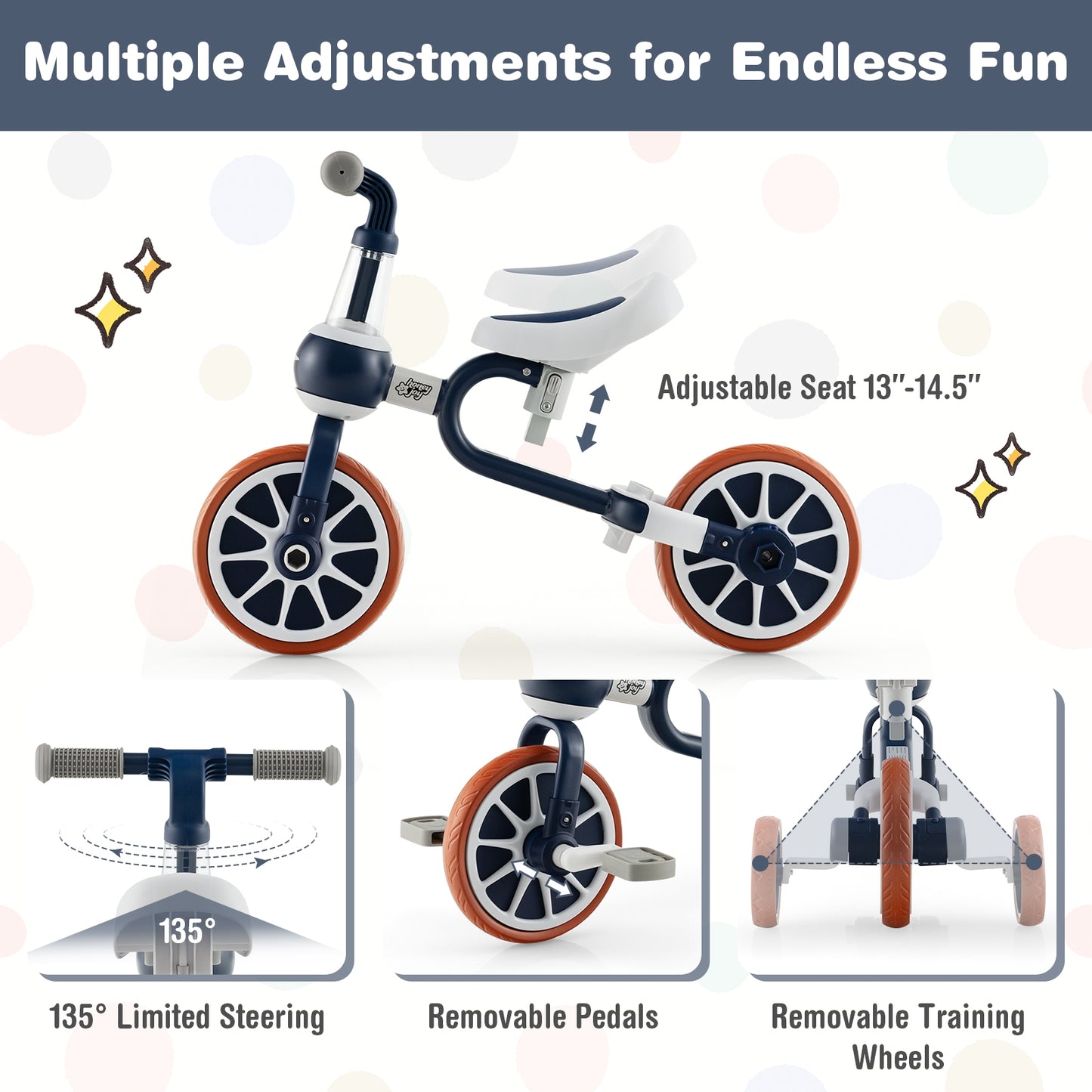 4-in-1 Kids Trike Bike, Adjustable Push Handle, Navy Kids Bike at Gallery Canada