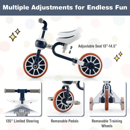 4-in-1 Kids Trike Bike, Adjustable Push Handle, Navy Kids Bike at Gallery Canada