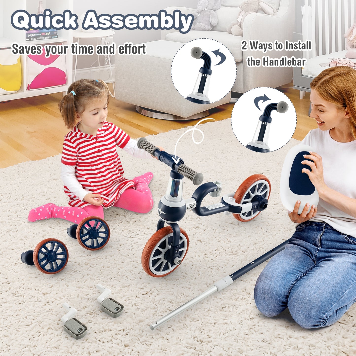 4-in-1 Kids Trike Bike, Adjustable Push Handle, Navy Kids Bike at Gallery Canada