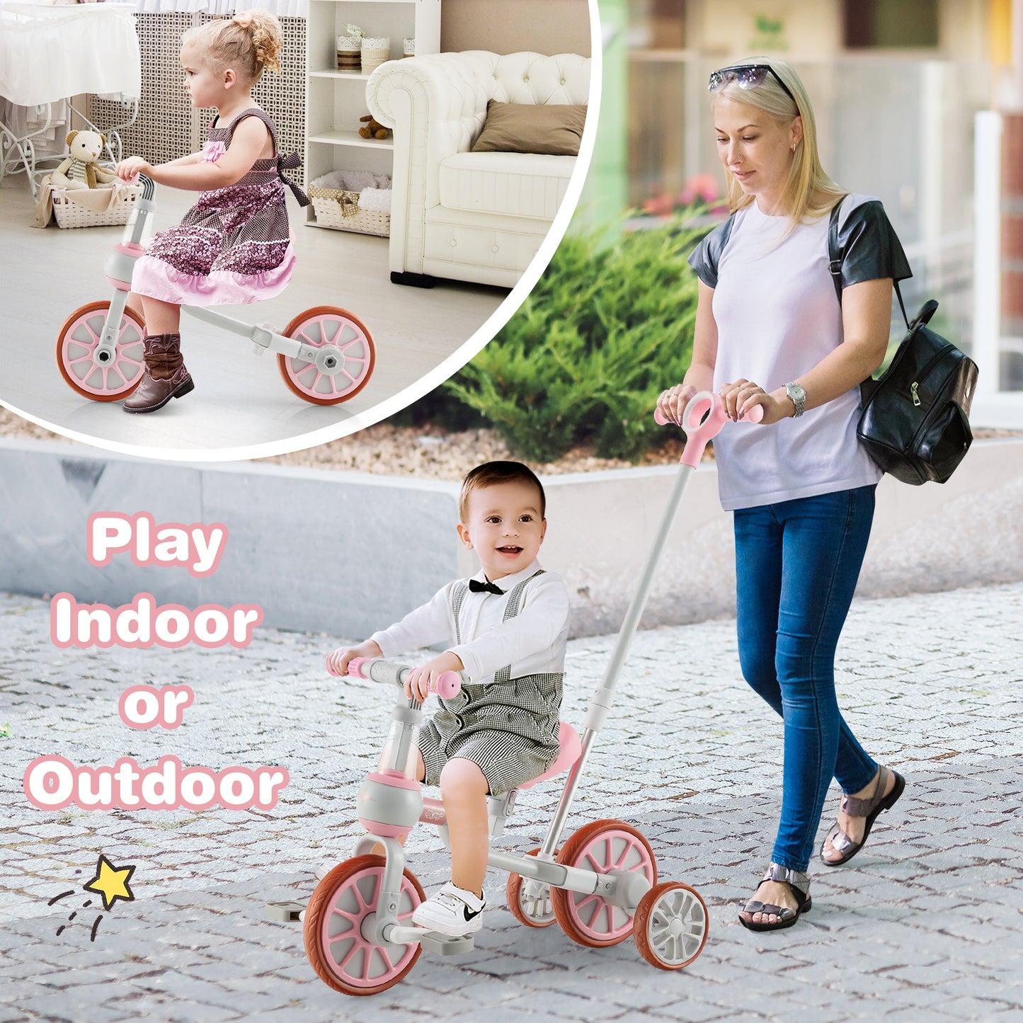 4-in-1 Kids Trike Bike, Adjustable Push Handle, Pink Kids Bike at Gallery Canada