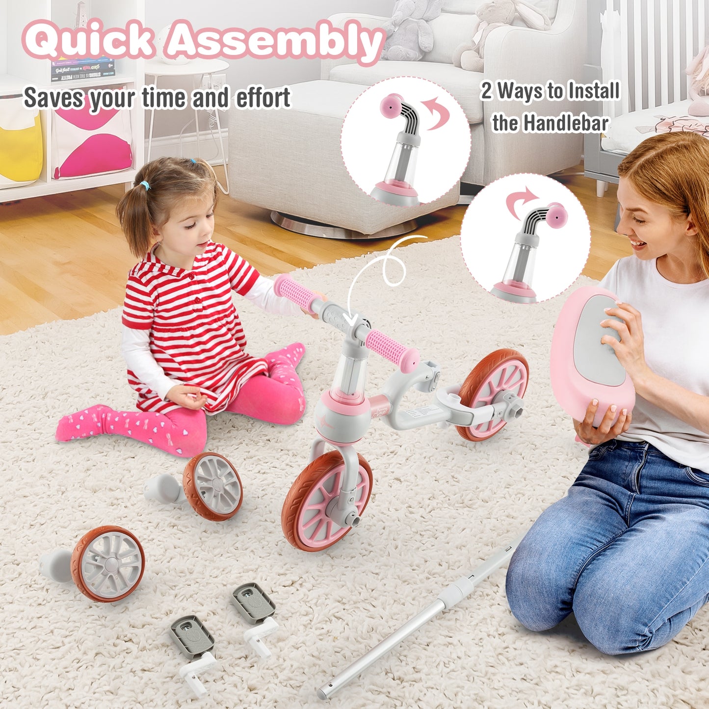 4-in-1 Kids Trike Bike, Adjustable Push Handle, Pink Kids Bike at Gallery Canada
