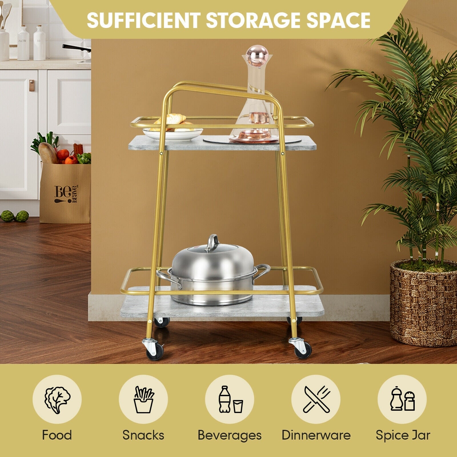 2-tier Kitchen Rolling Cart with Steel Frame and Lockable Casters, Gray Kitchen Islands & Carts at Gallery Canada