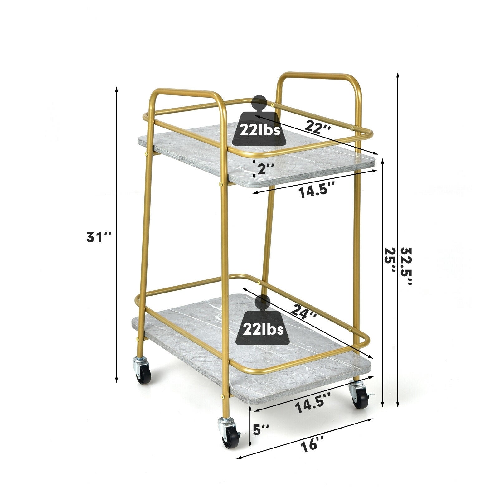 2-tier Kitchen Rolling Cart with Steel Frame and Lockable Casters, Gray Kitchen Islands & Carts at Gallery Canada