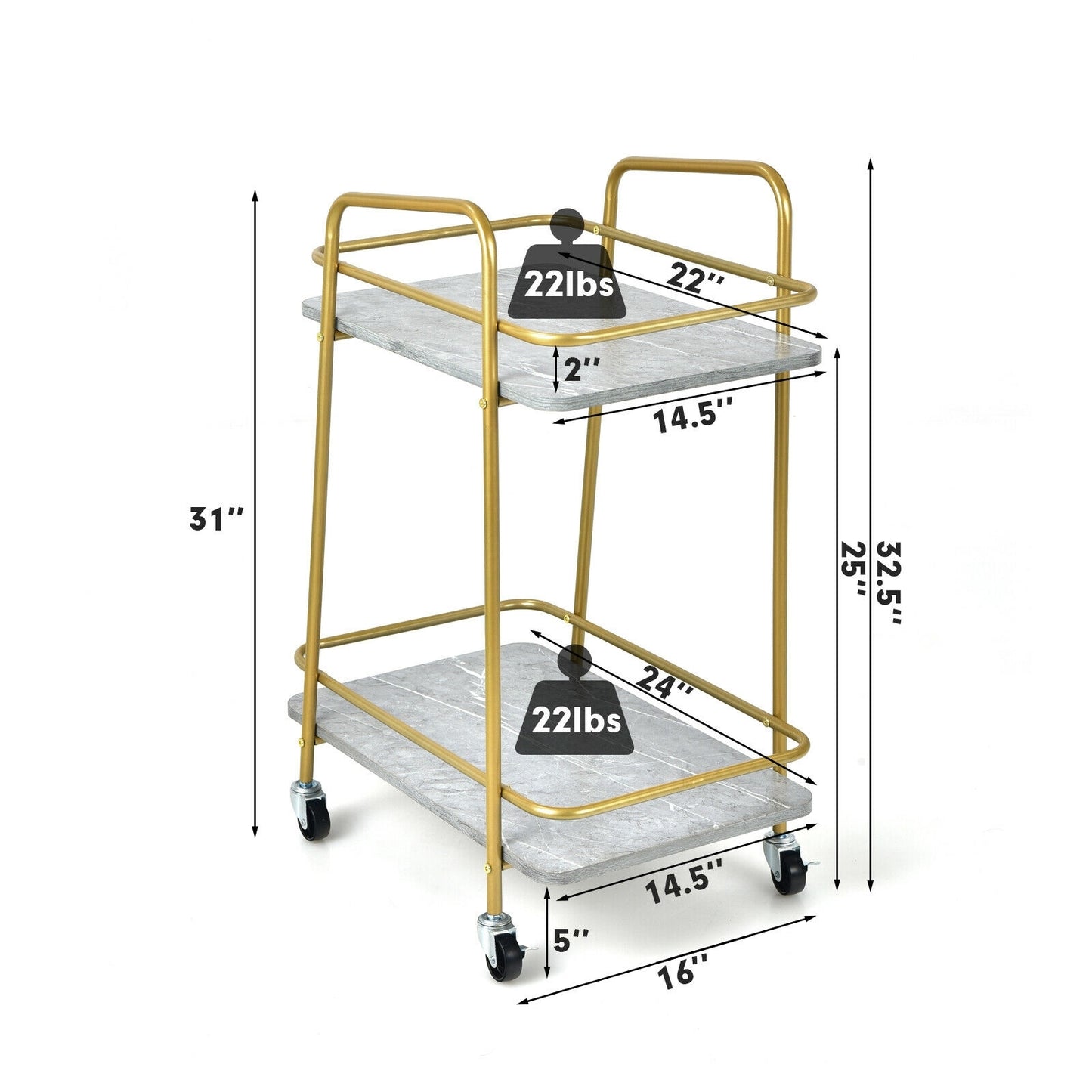 2-tier Kitchen Rolling Cart with Steel Frame and Lockable Casters, Gray Kitchen Islands & Carts at Gallery Canada