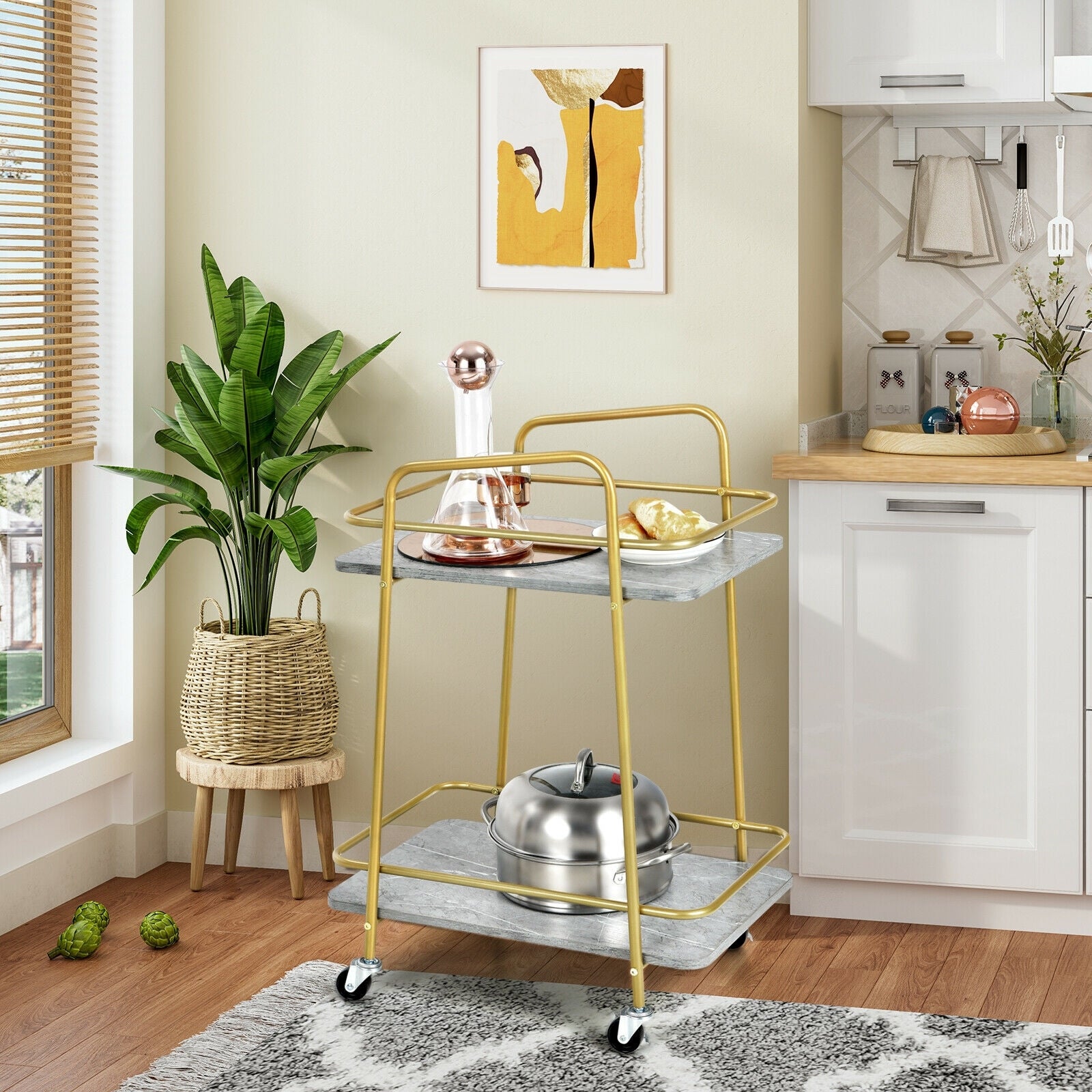 2-tier Kitchen Rolling Cart with Steel Frame and Lockable Casters, Gray Kitchen Islands & Carts at Gallery Canada