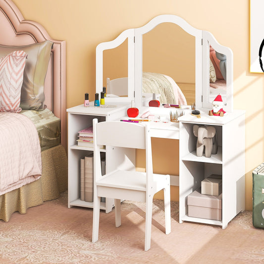 Kids Vanity Table and Chair Set with Removable Tri-Folding Mirror, White - Gallery Canada
