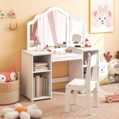 Kids Vanity Table and Chair Set with Removable Tri-Folding Mirror, White