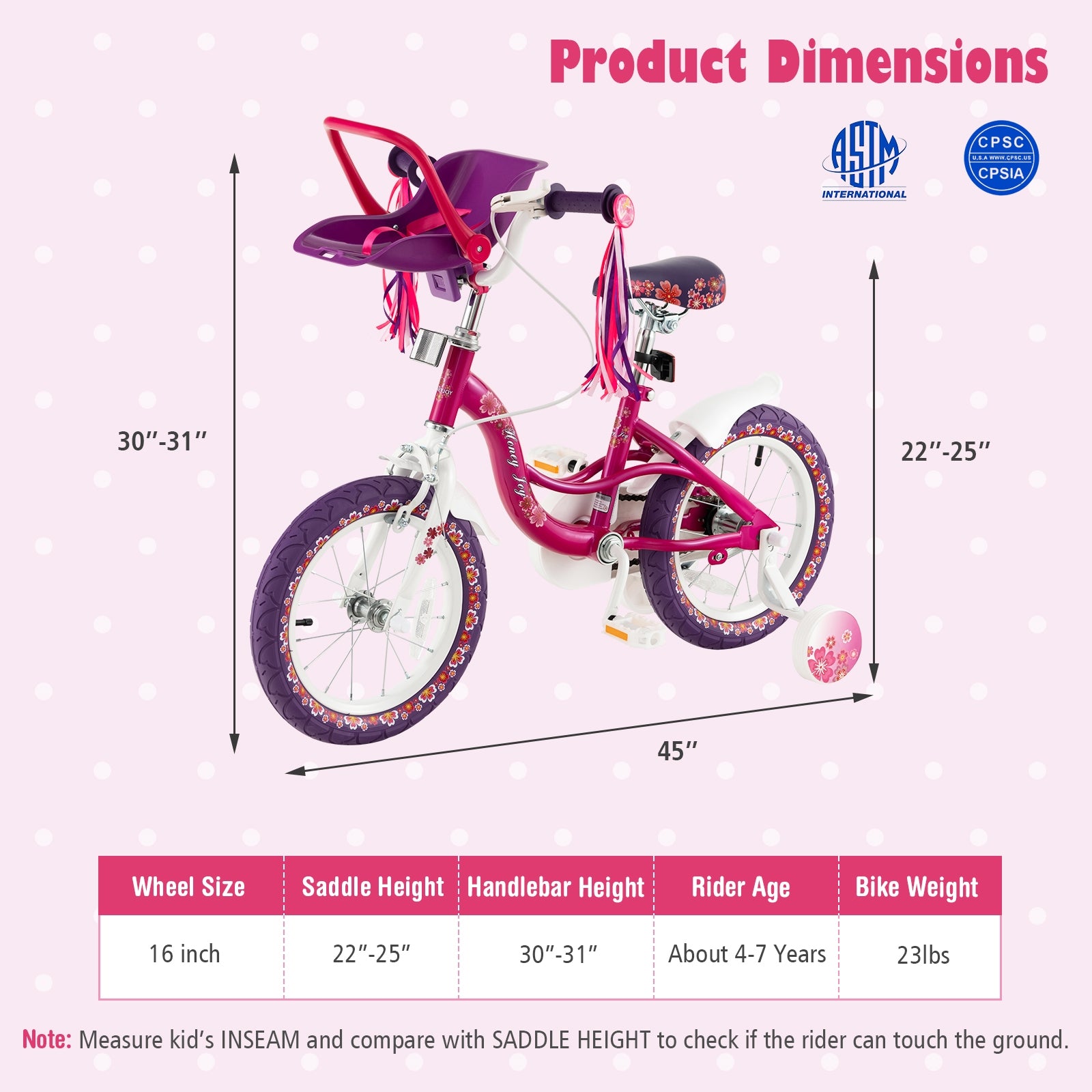 16 Inch Kids Bike with Doll Seat and Removable Training Wheels-16 inches, Pink & Purple Kids Bike at Gallery Canada