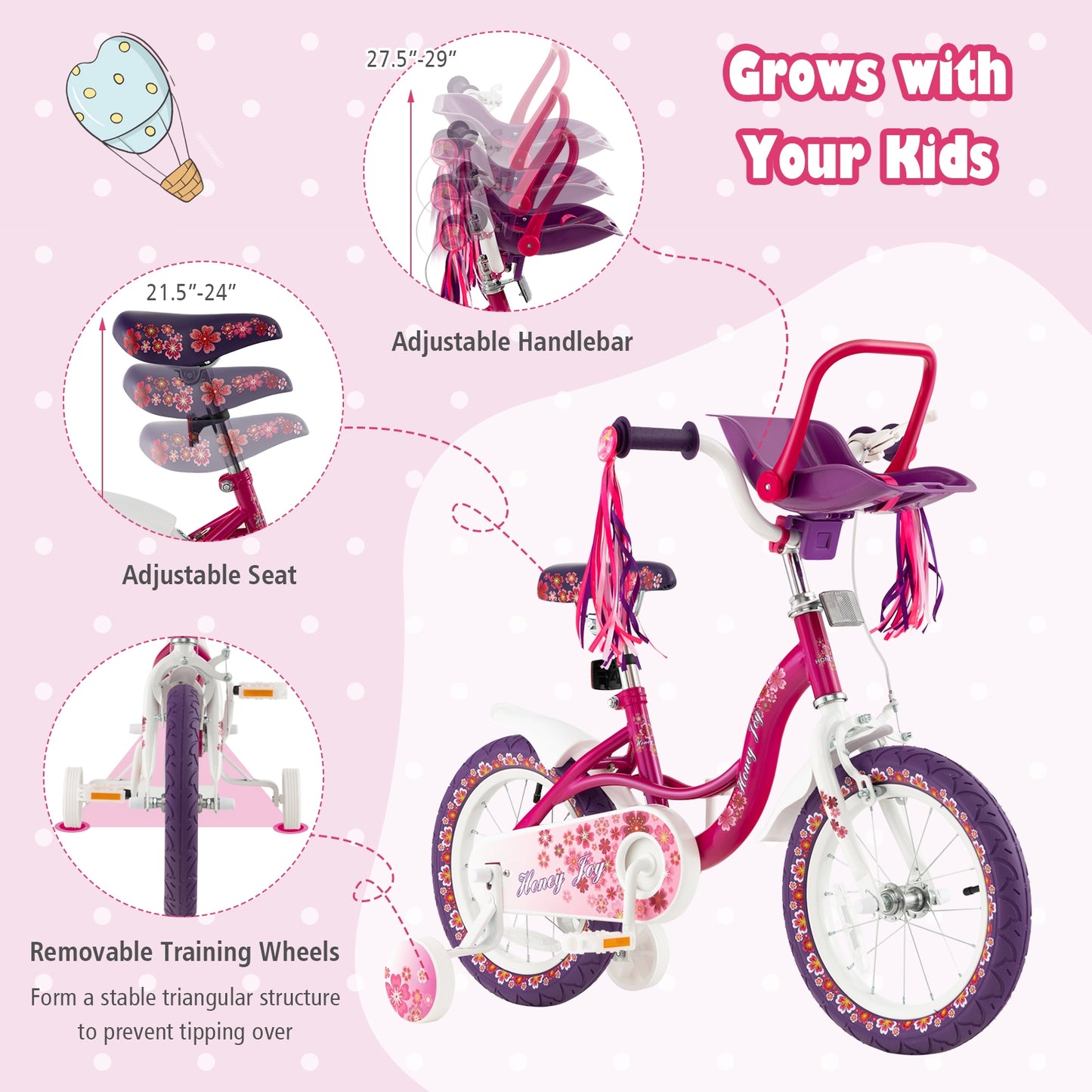 16 Inch Kids Bike with Doll Seat and Removable Training Wheels-16 inches, Pink & Purple Kids Bike at Gallery Canada
