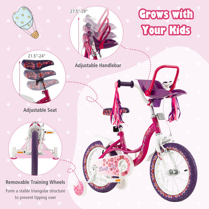 16 Inch Kids Bike with Doll Seat and Removable Training Wheels-16 inches, Pink & Purple Kids Bike at Gallery Canada