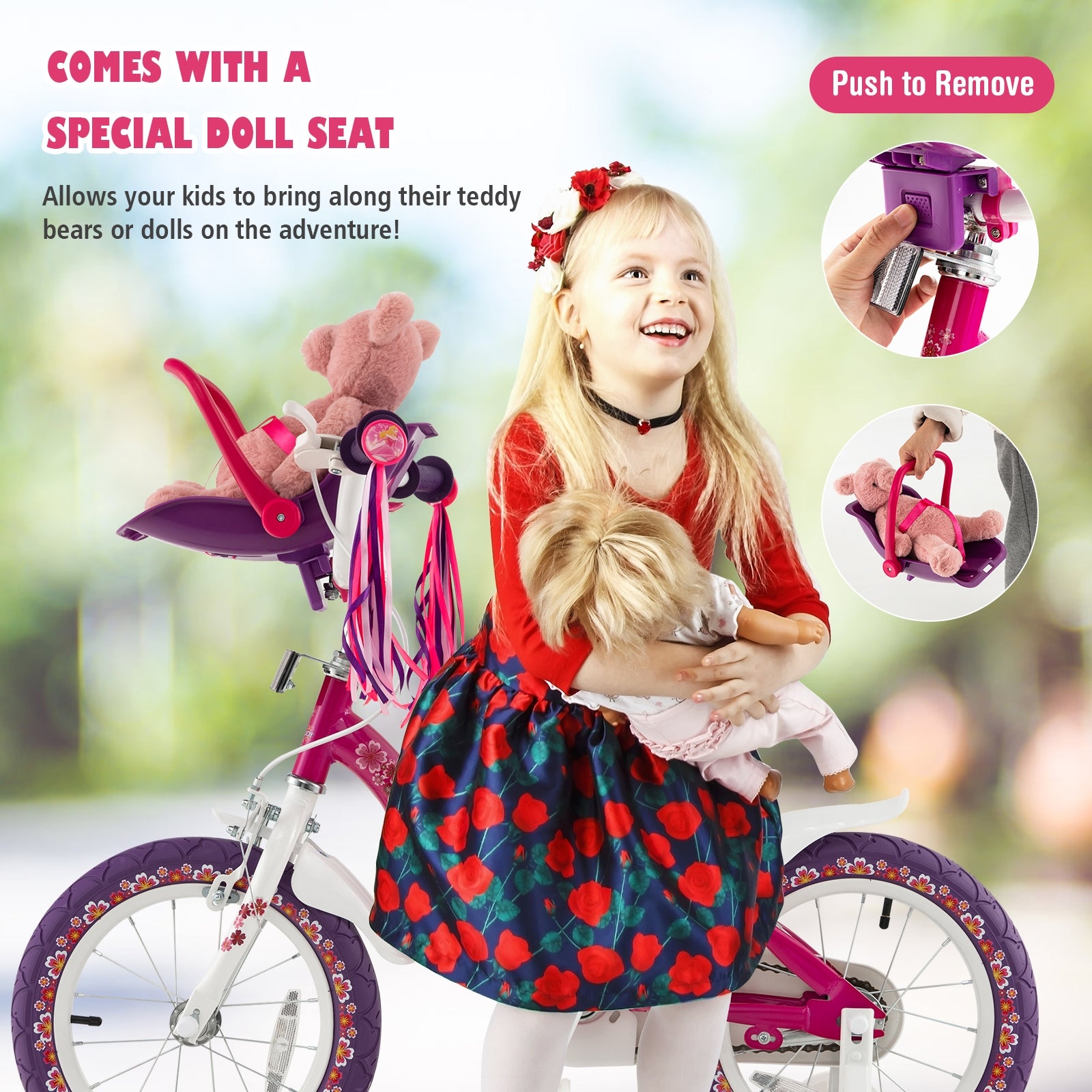 16 Inch Kids Bike with Doll Seat and Removable Training Wheels-16 inches, Pink & Purple Kids Bike at Gallery Canada