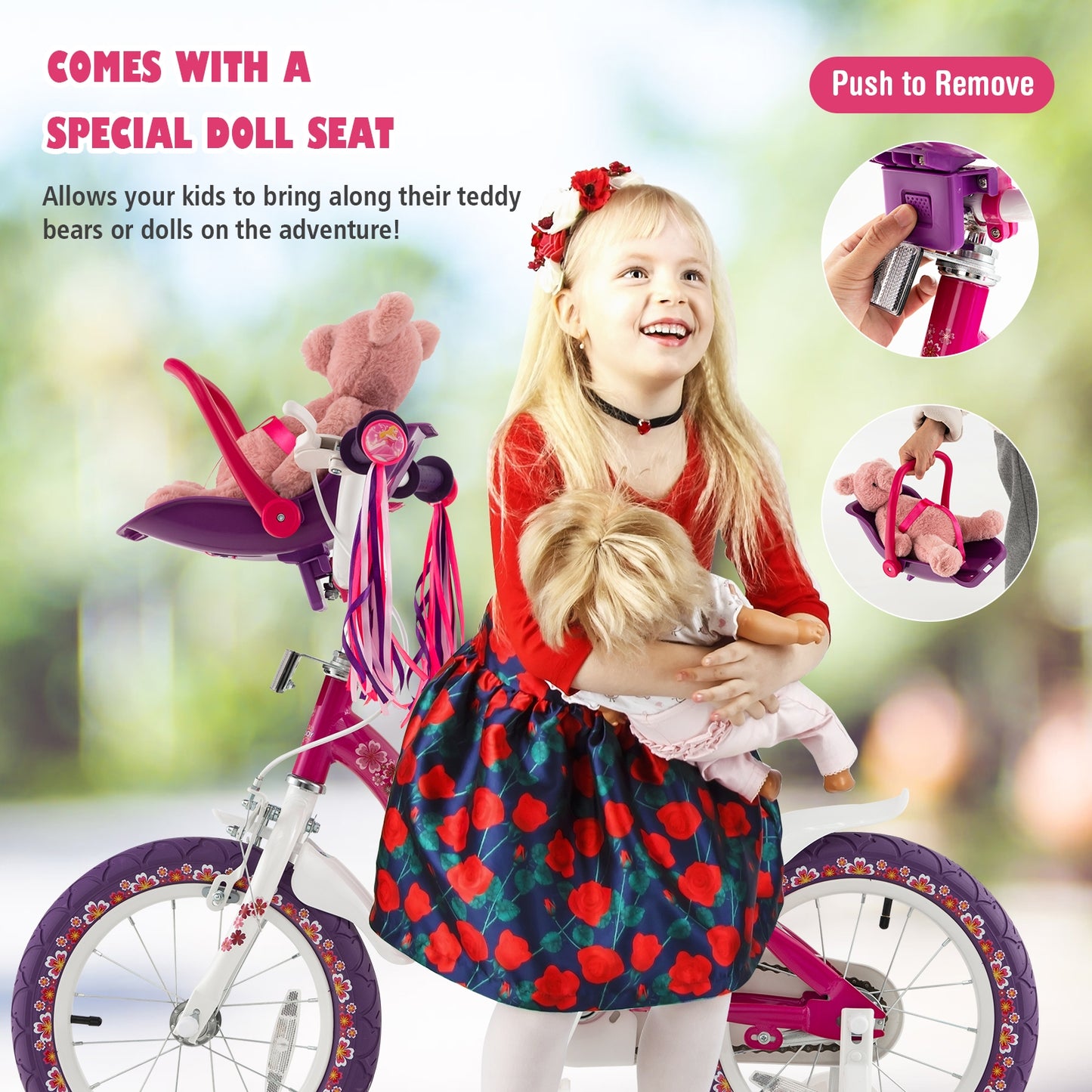 16 Inch Kids Bike with Doll Seat and Removable Training Wheels-16 inches, Pink & Purple Kids Bike at Gallery Canada