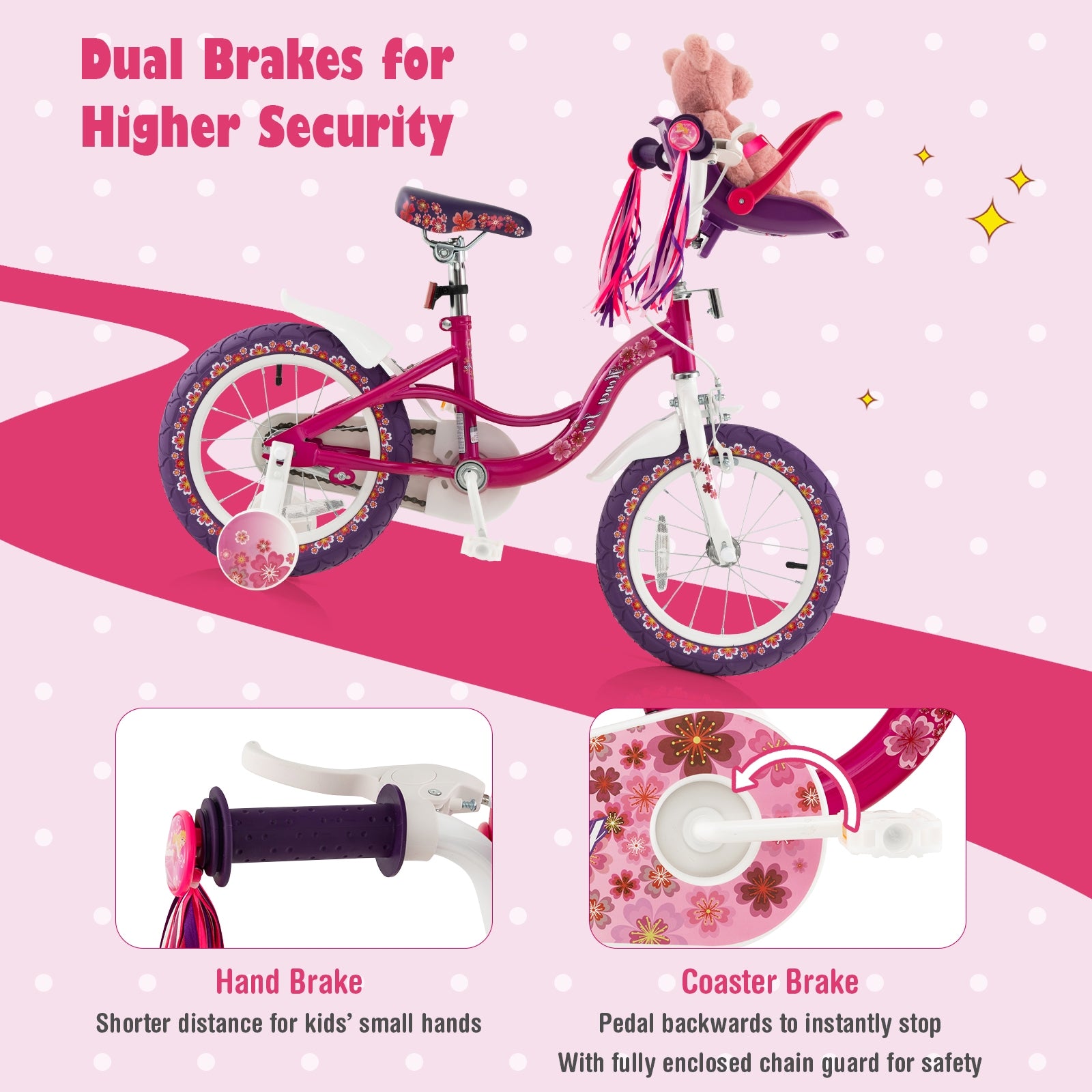 16 Inch Kids Bike with Doll Seat and Removable Training Wheels-16 inches, Pink & Purple Kids Bike at Gallery Canada