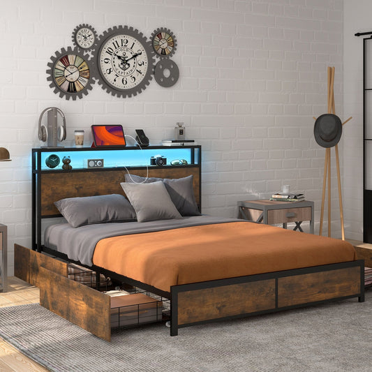 Full/Queen Size Bed Frame with Smart LED Lights and Storage Drawers-Full Size, Rustic Brown - Gallery Canada