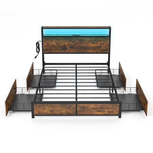 Full/Queen Size Bed Frame with Smart LED Lights and Storage Drawers-Full Size, Rustic Brown Simple Bed Frame Full Size at Gallery Canada