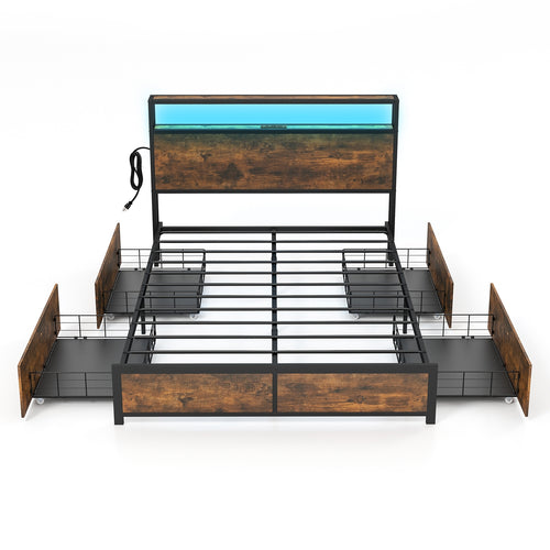 Full Queen Size Bed Frame, Smart LED Lights, Storage Drawers, Rustic Brown