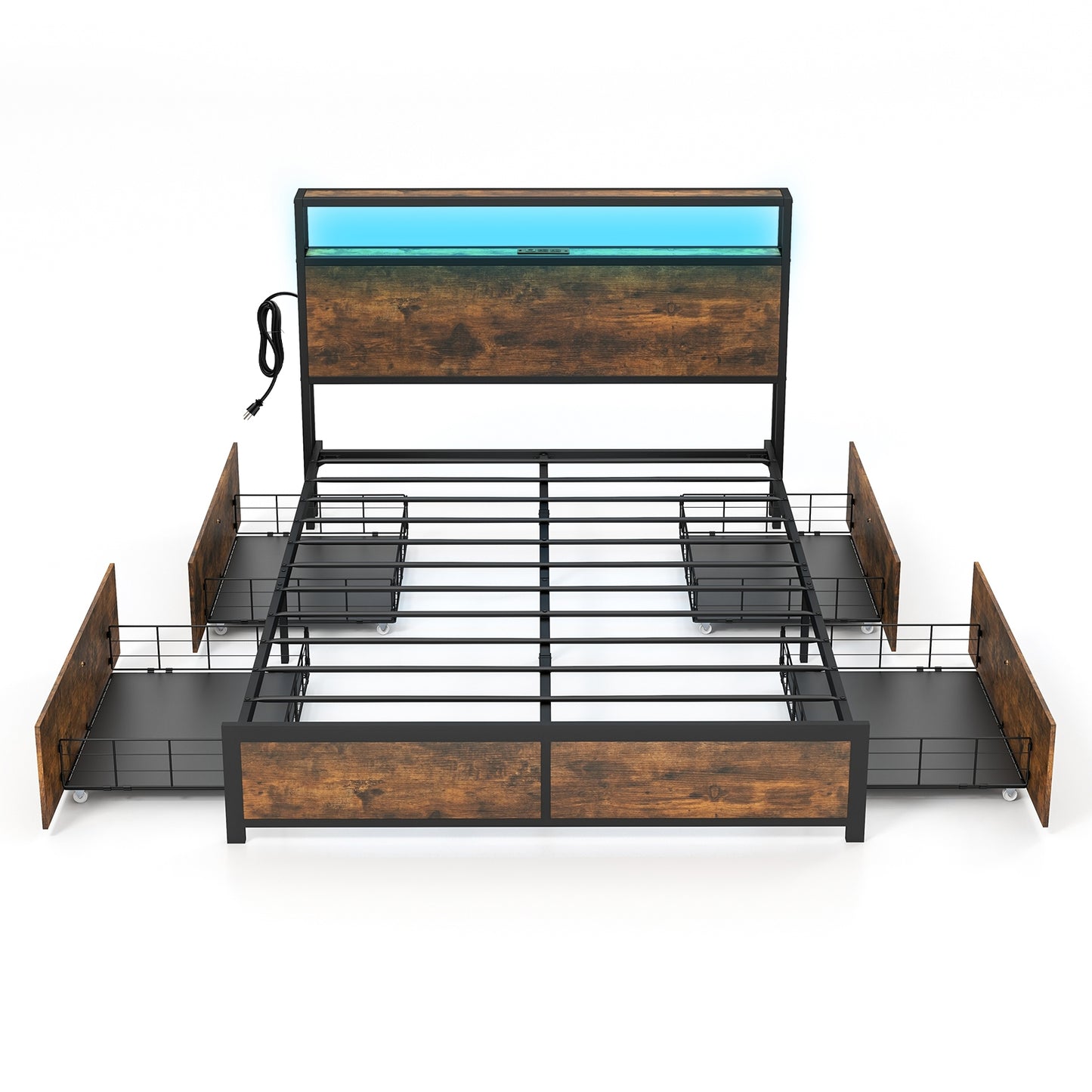 Full/Queen Size Bed Frame with Smart LED Lights and Storage Drawers-Full Size, Rustic Brown Simple Bed Frame at Gallery Canada