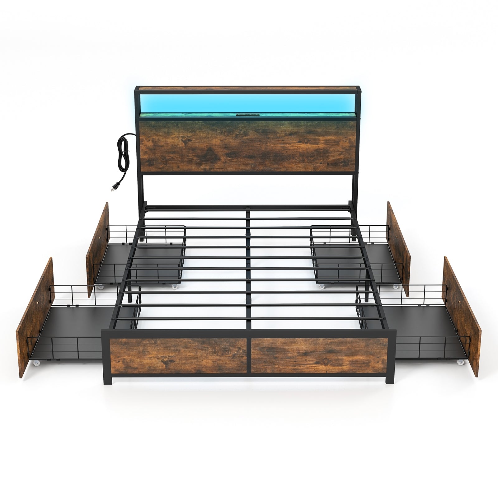 Full/Queen Size Bed Frame with Smart LED Lights and Storage Drawers-Full Size, Rustic Brown Simple Bed Frame at Gallery Canada