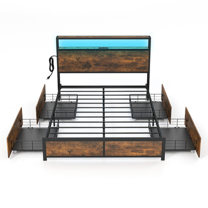 Full/Queen Size Bed Frame with Smart LED Lights and Storage Drawers-Full Size, Rustic Brown Simple Bed Frame at Gallery Canada