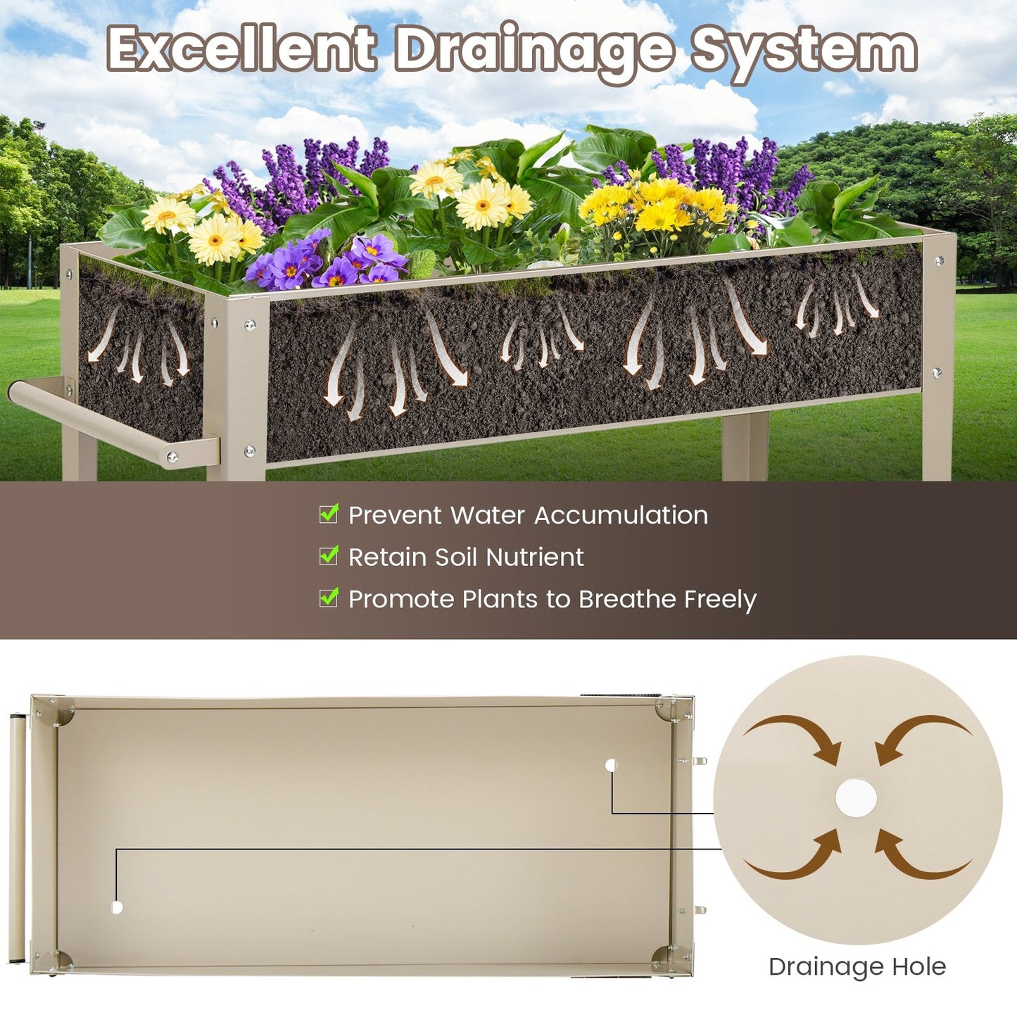 Metal Raised Garden Bed with Storage Shelf Hanging Hooks and Wheels, Light Brown - Gallery Canada