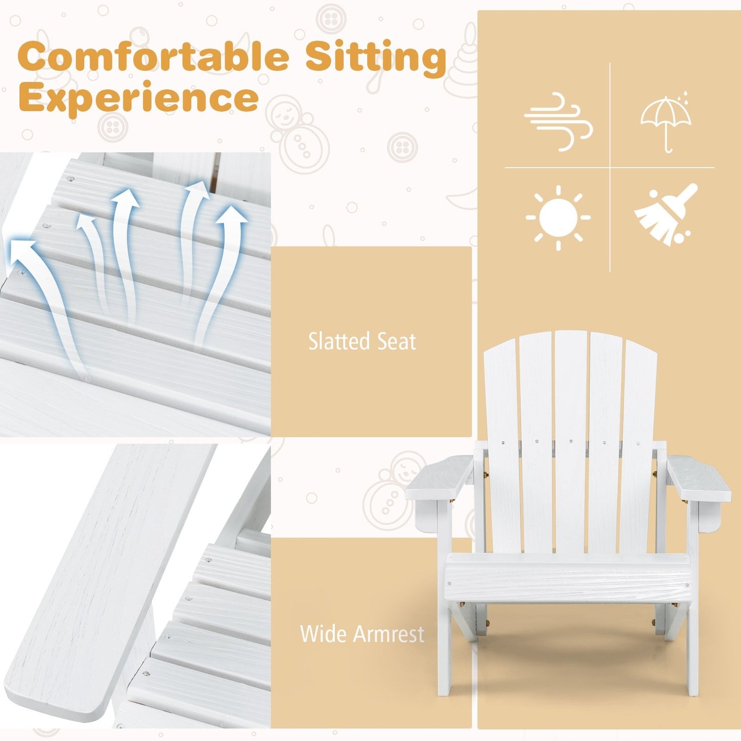 Kid's Adirondack Chair with High Backrest and Arm Rest, White - Gallery Canada