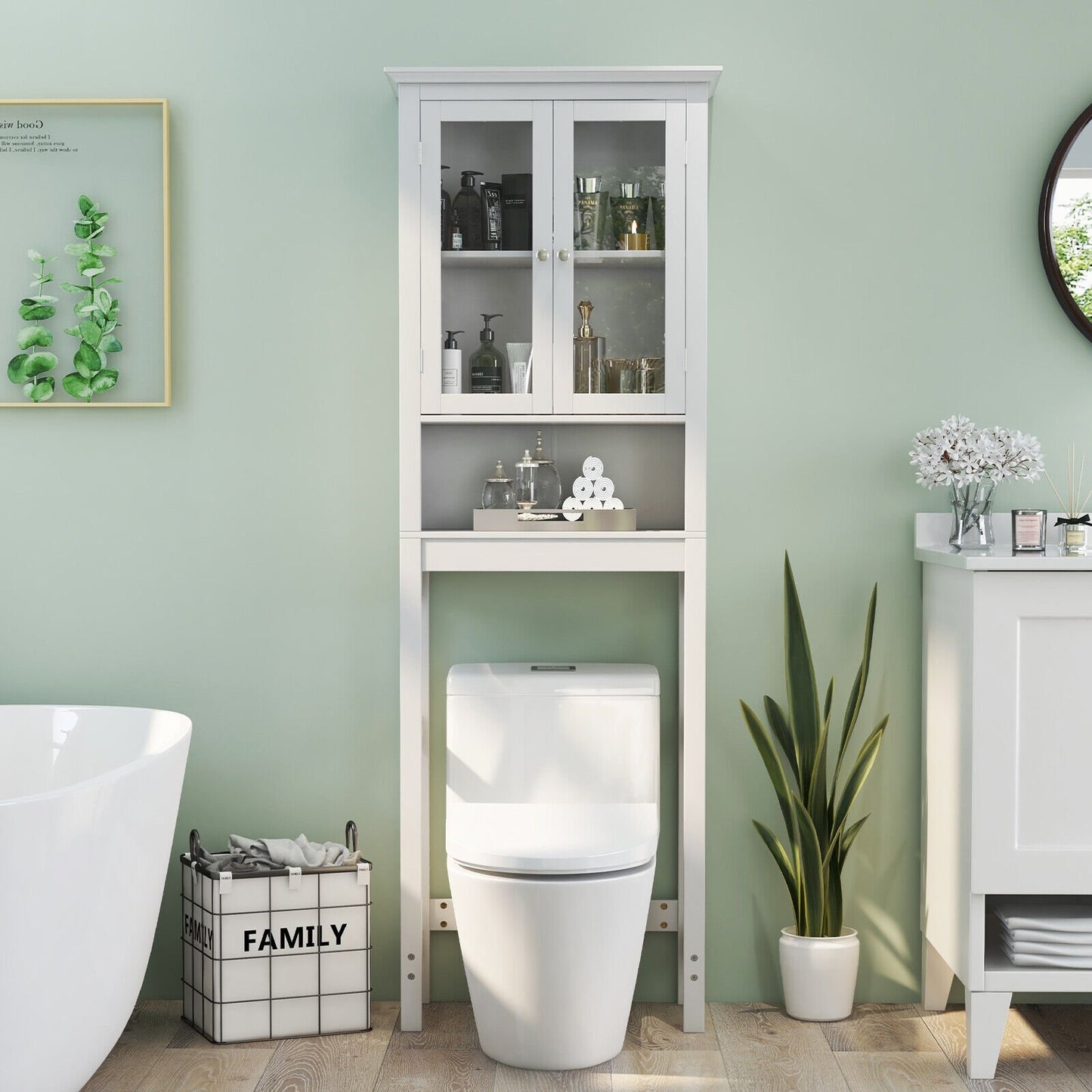 Over the Toilet Storage Cabinet with Double Tempered Glass Doors, White