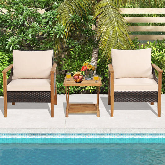 3 Pieces Patio Wicker Furniture Set with 2-Tier Side Table and Cushioned Armchairs, Natural Patio Conversation Sets Natural at Gallery Canada