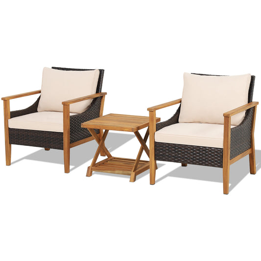3 Pieces Patio Wicker Furniture Set with 2-Tier Side Table and Cushioned Armchairs, Natural Patio Conversation Sets Natural at Gallery Canada