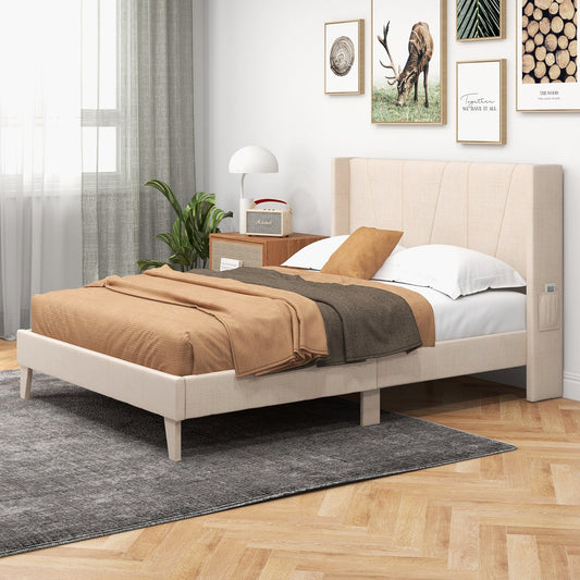 Full/Queen Size Upholstered Bed Frame with Geometric Wingback Headboard-Full Size, Beige - Gallery Canada