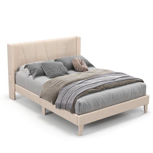 Full/Queen Size Upholstered Bed Frame with Geometric Wingback Headboard-Queen Size, Beige - Gallery Canada