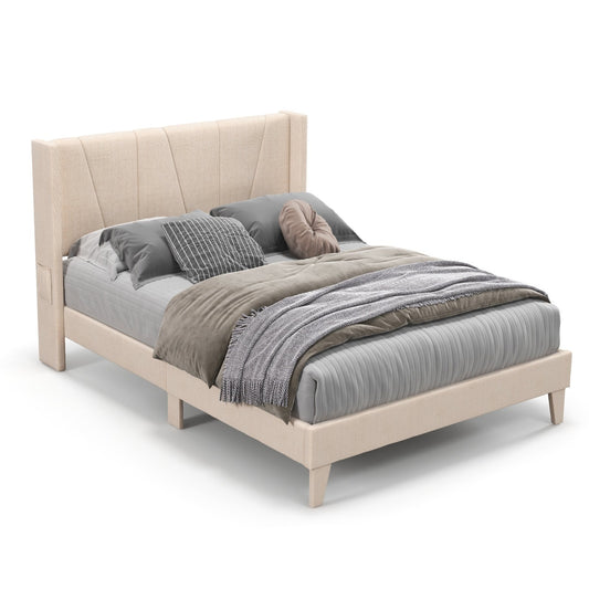 Full/Queen Size Upholstered Bed Frame with Geometric Wingback Headboard-Full Size, Beige - Gallery Canada