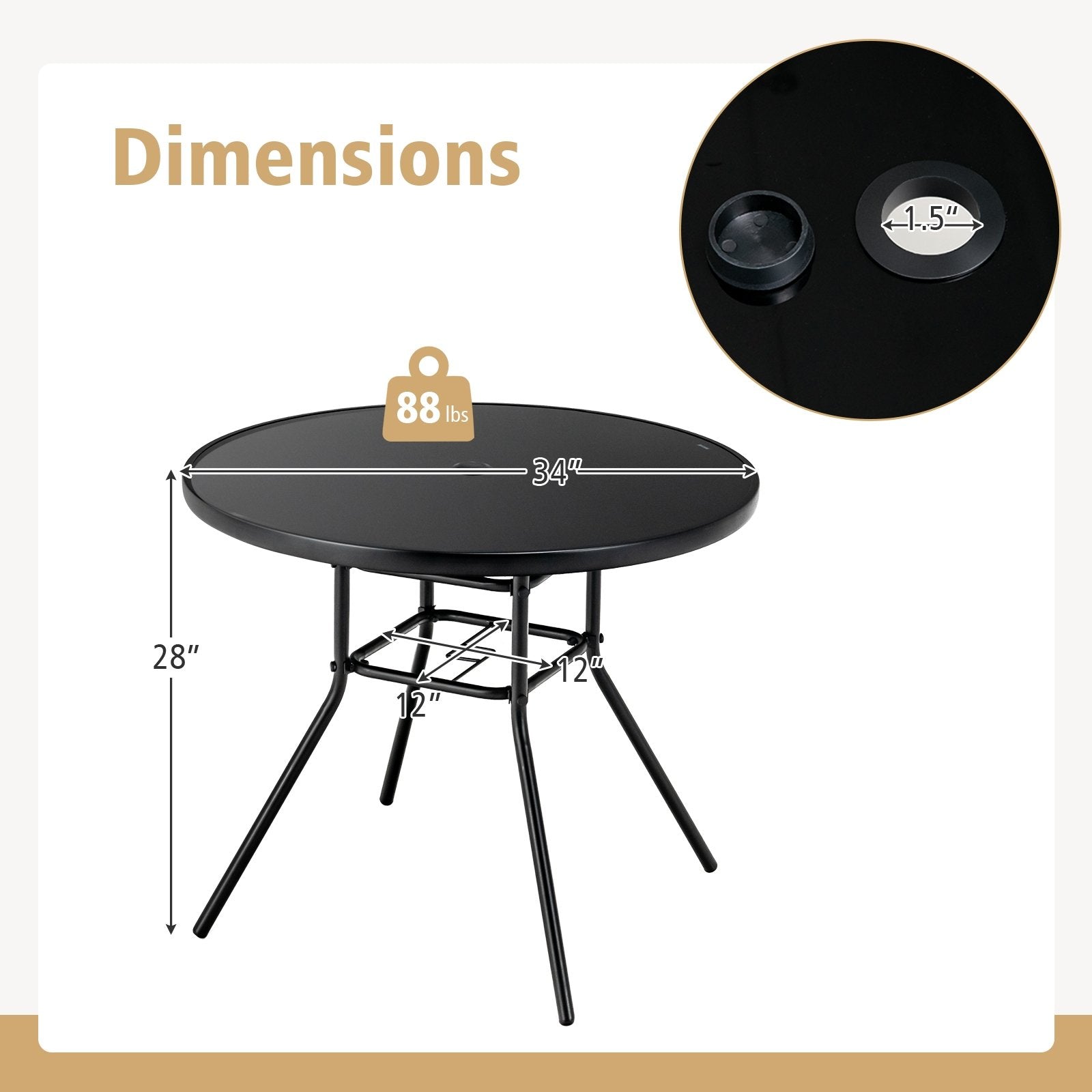 34 Inch Patio Dining Table with 1.5 inch Umbrella Hole for Garden, Black - Gallery Canada