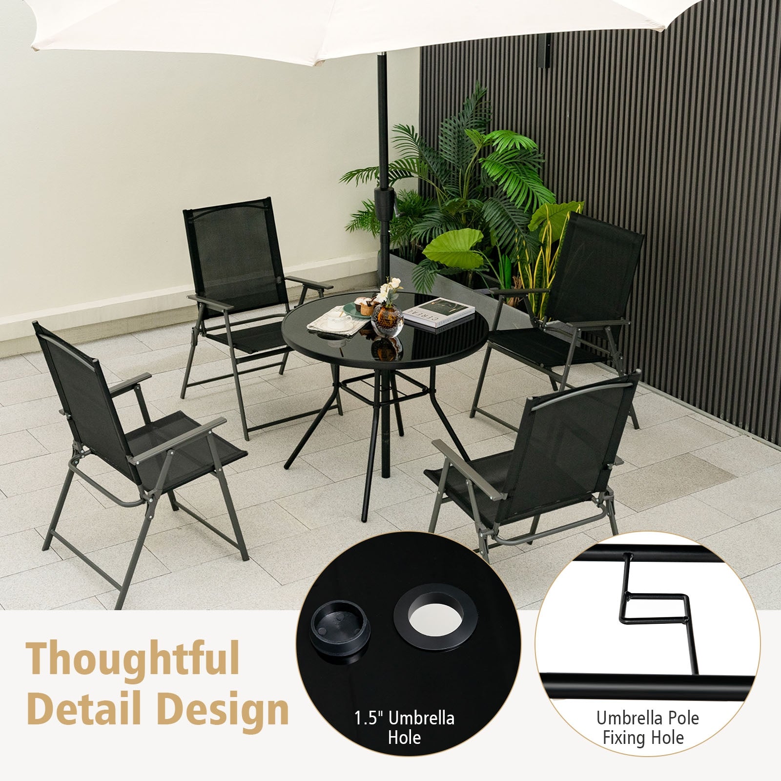 34 Inch Patio Dining Table, With 1.5 Inch Umbrella Hole, Black Patio Dining Tables at Gallery Canada