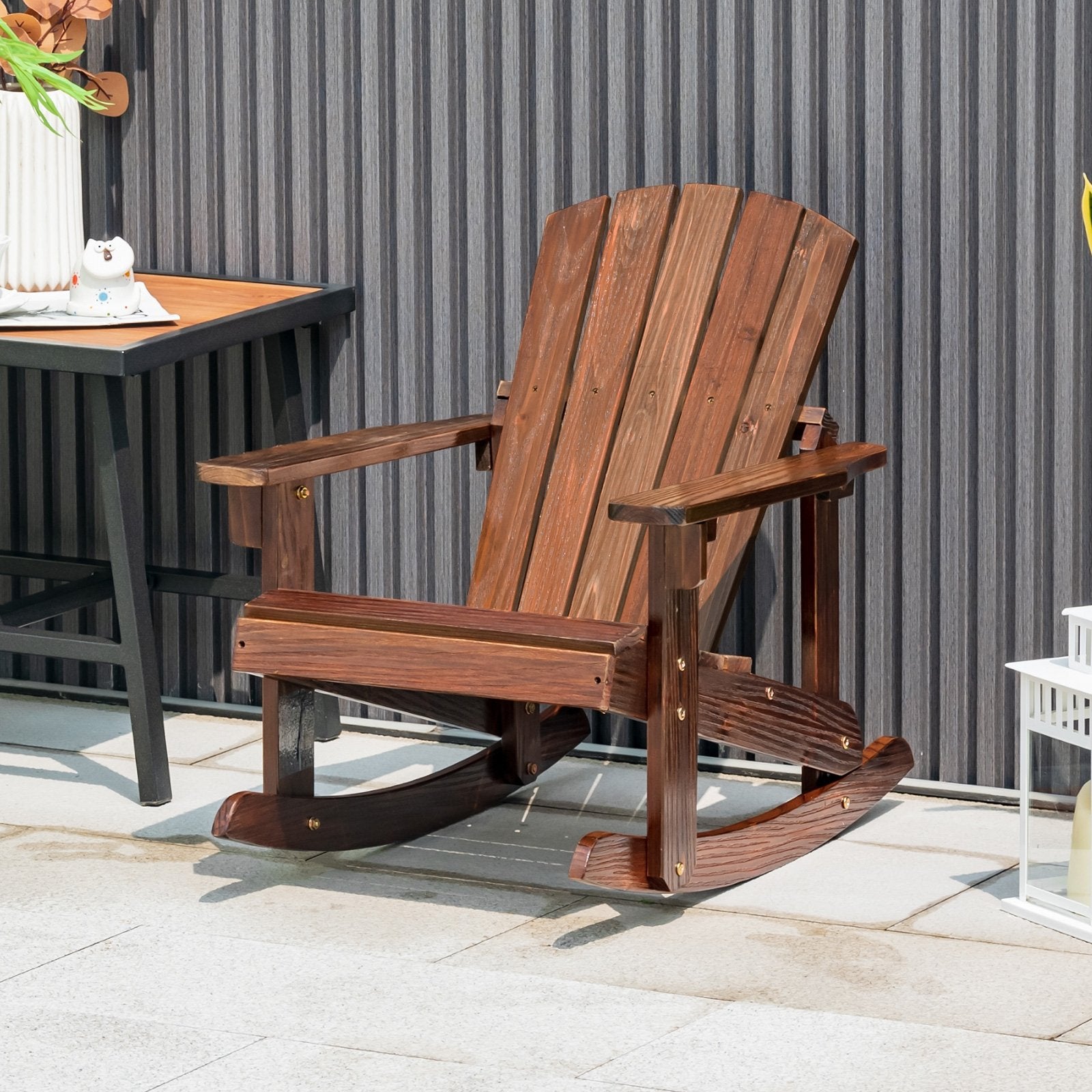 Outdoor Wooden Kid Adirondack Rocking Chair with Slatted Seat, Coffee - Gallery Canada