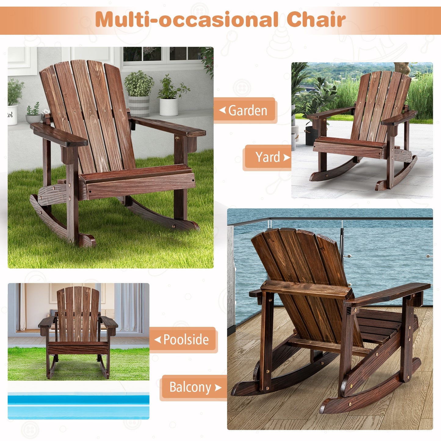 Outdoor Wooden Kid Adirondack Rocking Chair, Slatted Seat, Coffee Kids Chairs & Seating at Gallery Canada