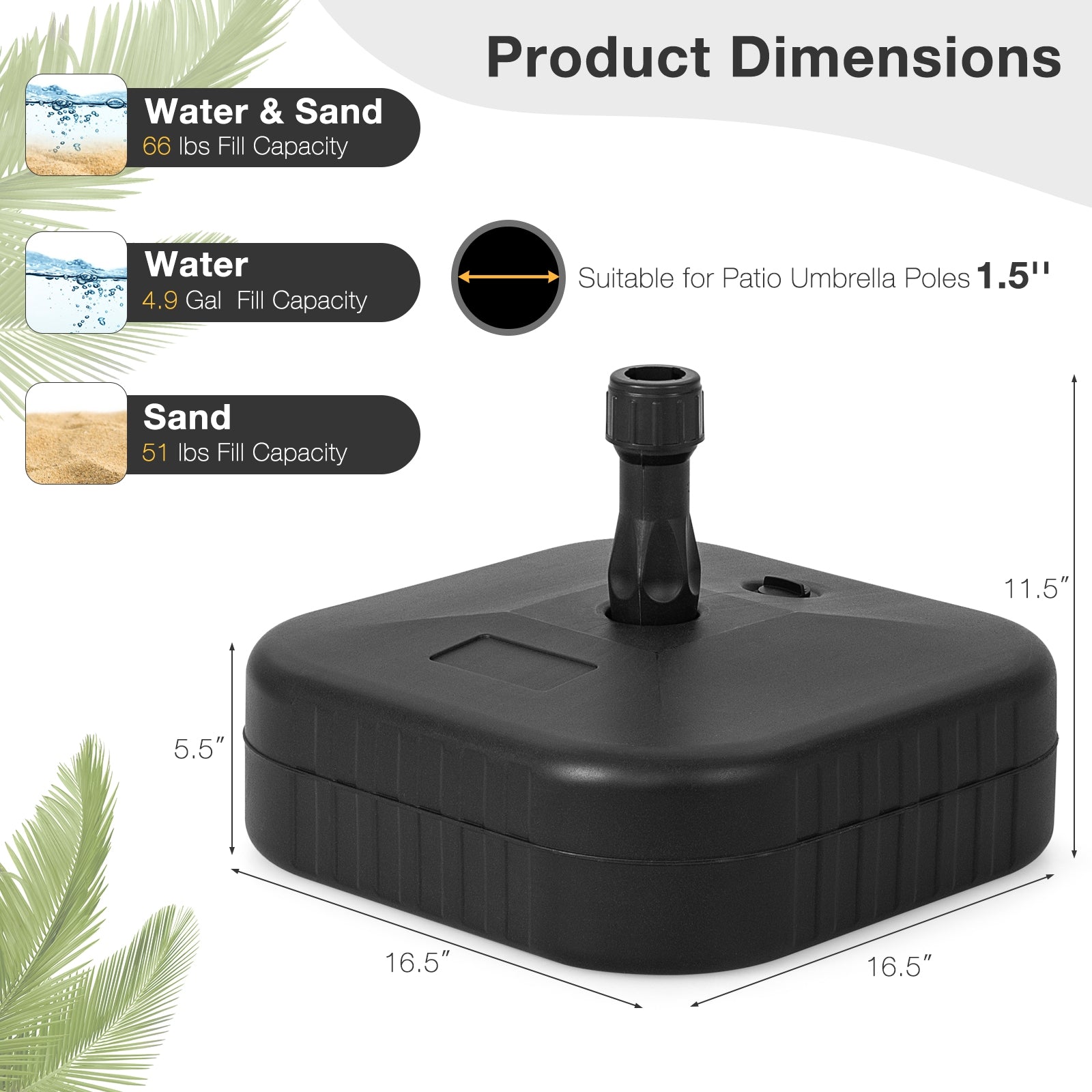 Patio Fillable Umbrella Base Fit 1.5 Inch Umbrella Poles for Yard Poolside, Black Outdoor Umbrella Bases at Gallery Canada