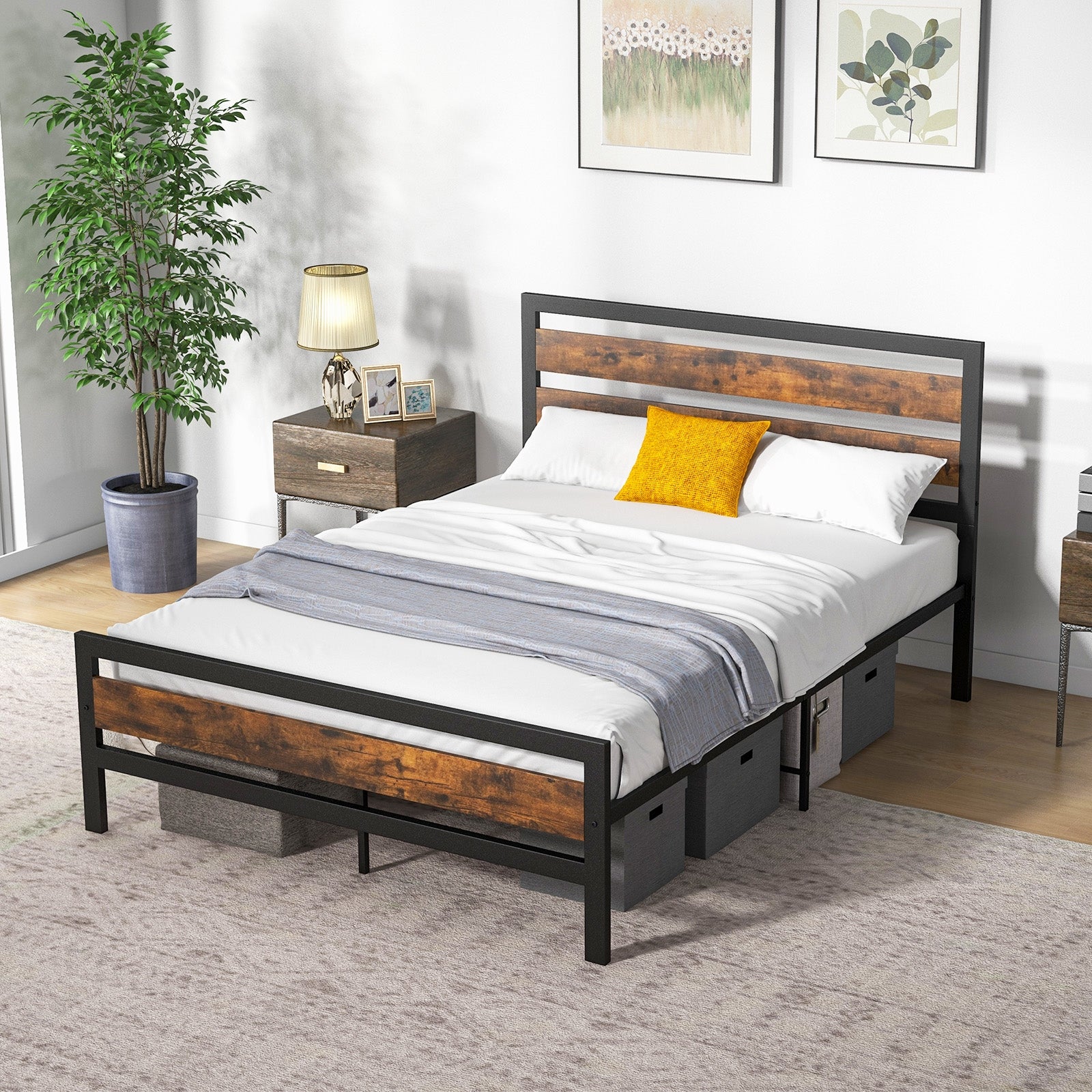 Full/Queen Industrial Bed Frame with Rustic Headboard and Footboard-Full Size, Rustic Brown Simple Bed Frame at Gallery Canada