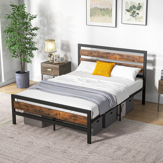 Full/Queen Industrial Bed Frame with Rustic Headboard and Footboard-Full Size, Rustic Brown - Gallery Canada