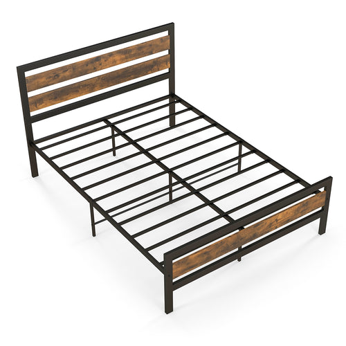 Industrial Bed Frame, Full Queen Size, Rustic Headboard Footboard, Brown