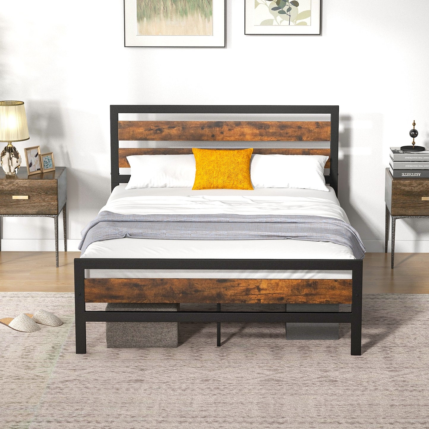 Full/Queen Industrial Bed Frame with Rustic Headboard and Footboard-Full Size, Rustic Brown Simple Bed Frame at Gallery Canada