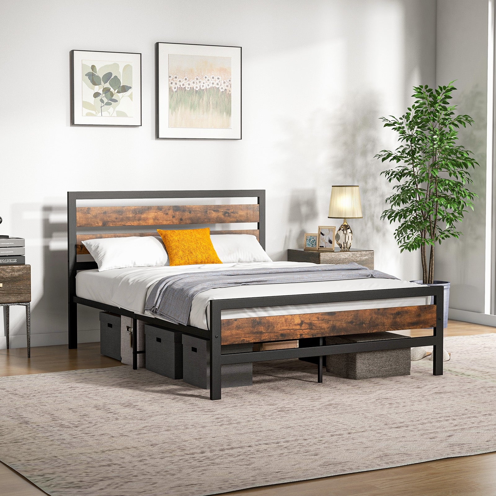 Full/Queen Industrial Bed Frame with Rustic Headboard and Footboard-Full Size, Rustic Brown Simple Bed Frame at Gallery Canada