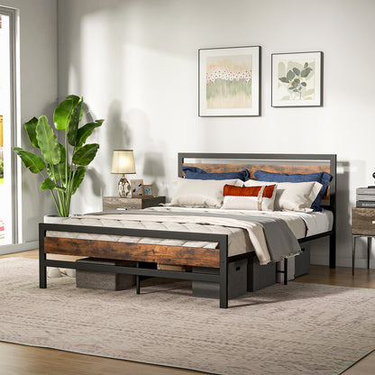 Full/Queen Industrial Bed Frame with Rustic Headboard and Footboard-Queen Size, Rustic Brown Simple Bed Frame at Gallery Canada