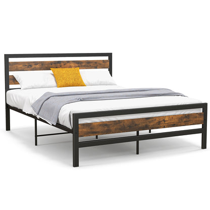 Full/Queen Industrial Bed Frame with Rustic Headboard and Footboard-Queen Size, Rustic Brown Simple Bed Frame at Gallery Canada