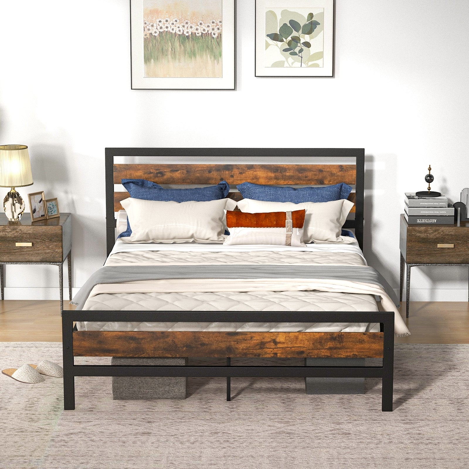 Full/Queen Industrial Bed Frame with Rustic Headboard and Footboard-Queen Size, Rustic Brown Simple Bed Frame at Gallery Canada