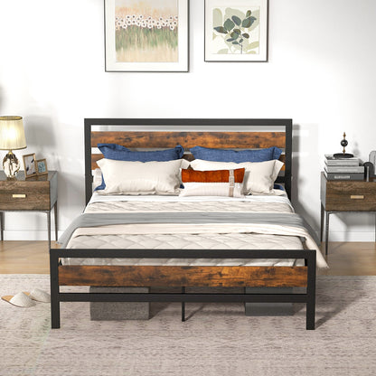 Full/Queen Industrial Bed Frame with Rustic Headboard and Footboard-Queen Size, Rustic Brown Simple Bed Frame at Gallery Canada