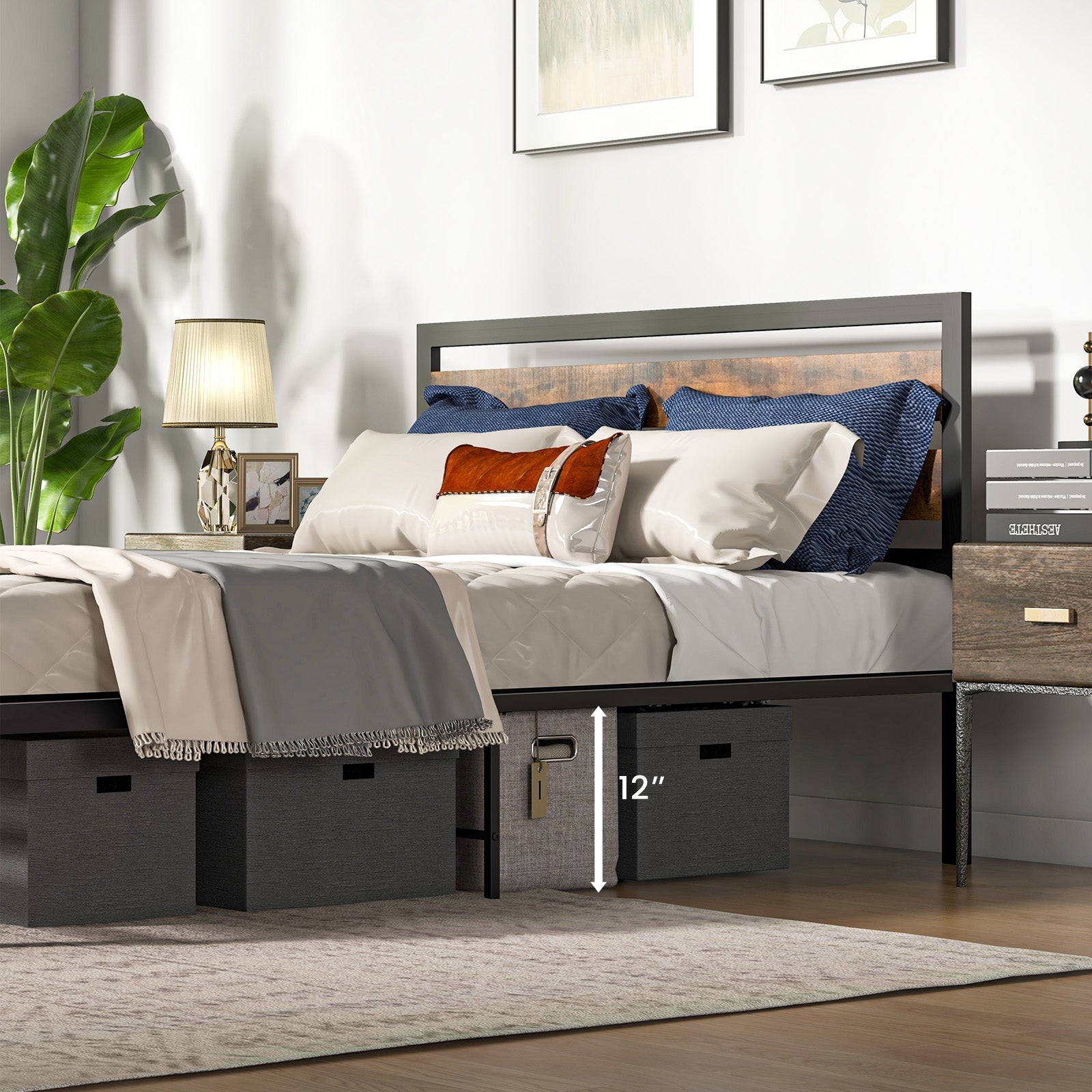 Full/Queen Industrial Bed Frame with Rustic Headboard and Footboard-Queen Size, Rustic Brown Simple Bed Frame at Gallery Canada