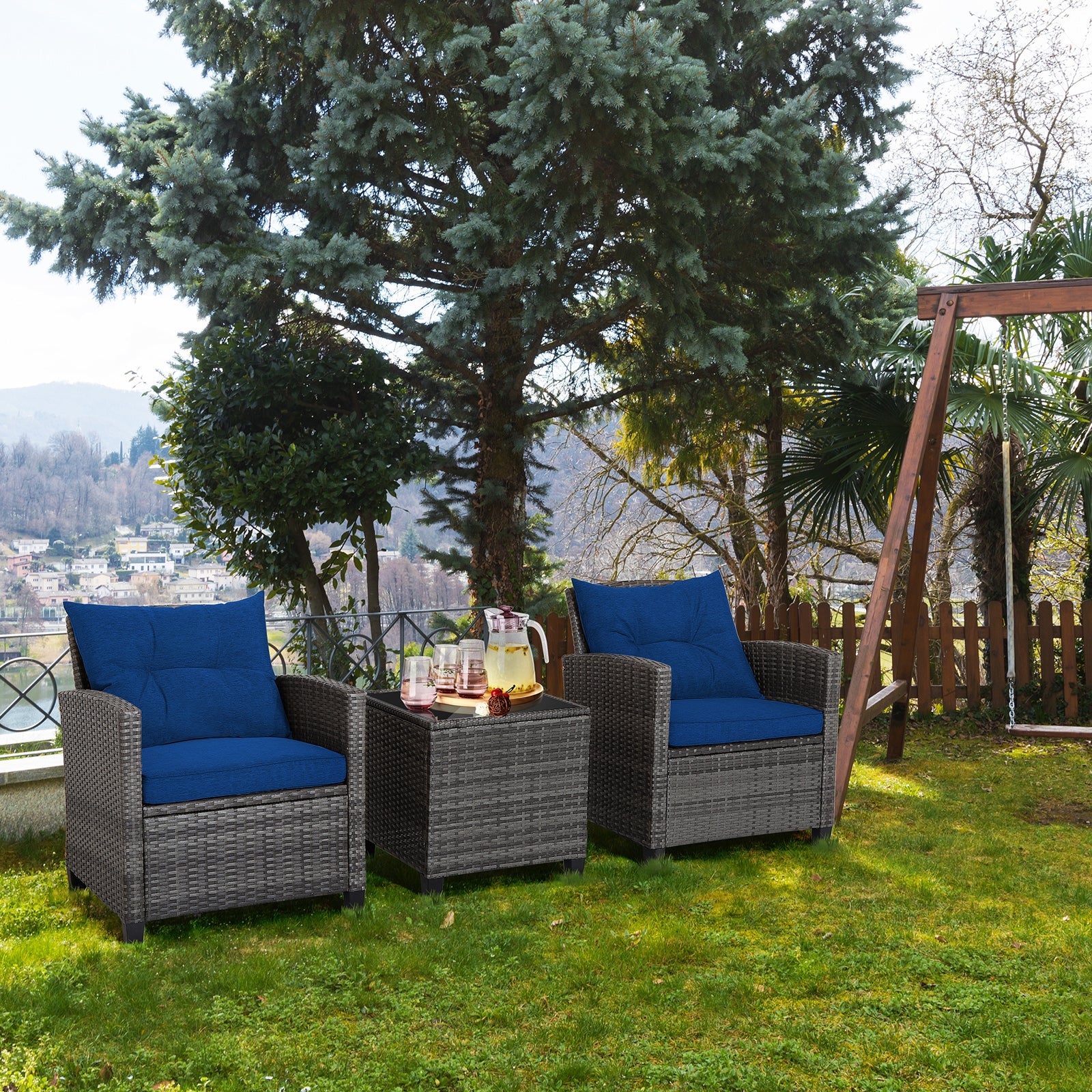 3 Pieces Outdoor Wicker Conversation Set with Tempered Glass Tabletop, Navy Patio Conversation Sets at Gallery Canada