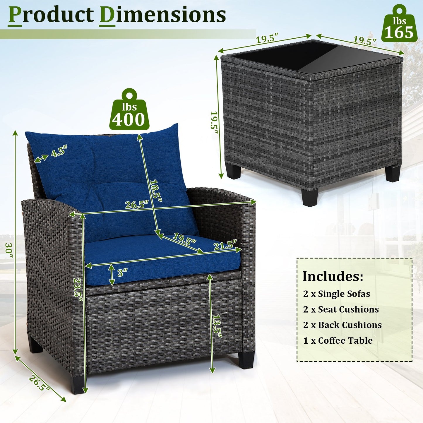 3 Pieces Outdoor Wicker Conversation Set with Tempered Glass Tabletop, Navy Patio Conversation Sets at Gallery Canada
