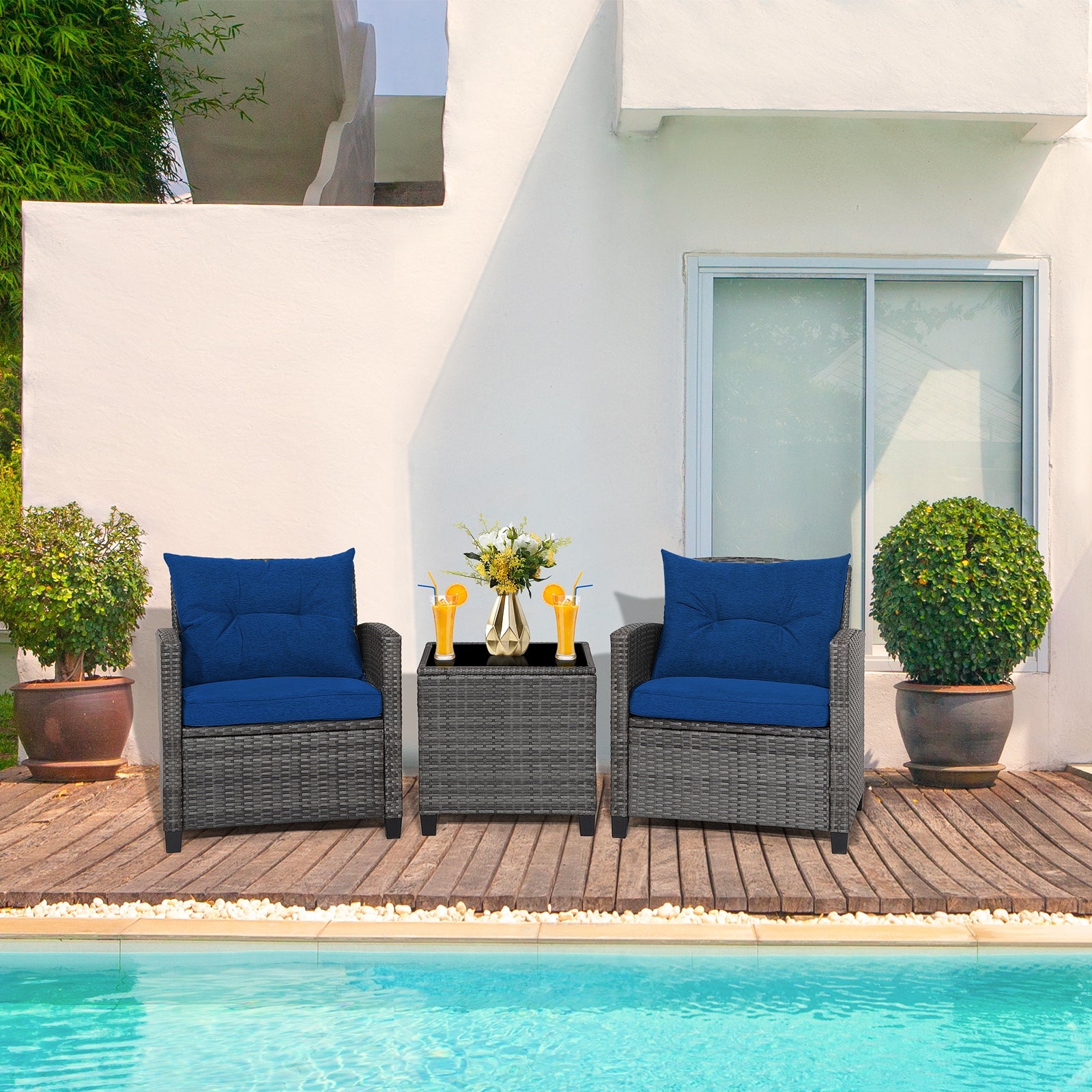 3 Pieces Outdoor Wicker Conversation Set with Tempered Glass Tabletop, Navy Patio Conversation Sets at Gallery Canada